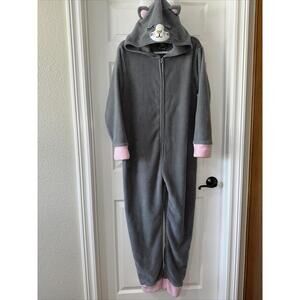 PJ Couture Women's Large One Piece Pajamas Hooded Zip Gray with Pink Trim Kitten